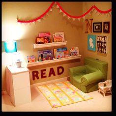 a child's room with bookshelves and toys