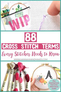 cross stitch items with text overlay that reads, 86 cross stitch items every stitcher needs to know