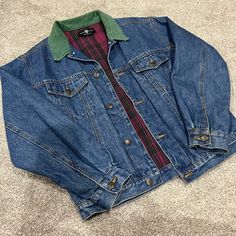 Never Worn Collar: Green Corduroy Inside: Plaid Great Condition Detailing On Back Of Jacket Very Warm And Comfortable Green Denim Outerwear For Fall, Green Winter Denim Outerwear, Green Denim Winter Outerwear, Winter Green Denim Outerwear, Green Denim Long Sleeve Outerwear, Green Long Sleeve Denim Outerwear, Vintage Jean Jacket, Green Corduroy, Looney Tunes