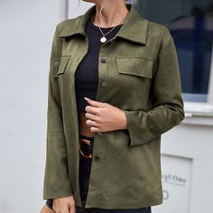 F00077162-203 Summer Coats, Polyester Jacket, Suede Fashion, Saint John, Trendy Chic, Turndown Collar, Pocket Shirt, Long Sleeves Jacket, Suede Jacket