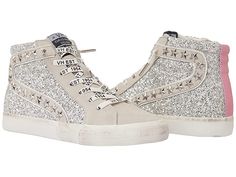 Vintage Havana Ray - Women's Shoes : Silver Glitter : There's no such thing as too much sparkle! The Vintage Havana Ray is a leather high-top sneaker with a rounded toe and a glittery, star-studded upper. No-tie front lace panel. Inside zip for easy on/off. Manmade lining, footbed, and midsole. Distressed rubber outsole. Imported. Measurements: • Heel height: 1.2 in. • Single shoe weight: 24 oz. Weight of footwear is based on a single item, not a pair. Vintage Havana Sneakers, Shoes Silver, Mid Top Sneakers, Leather High Tops, Pink Sneakers, Vintage Havana, Silver Shoes, Star Studs, Wedge Sneaker