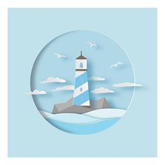 a paper cut lighthouse with seagulls flying around it on a blue sky background