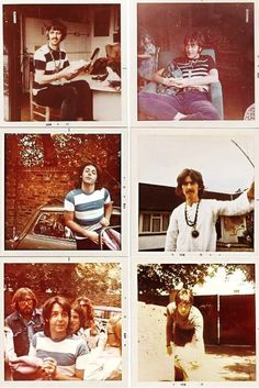 several polaroid photos of people sitting in front of a house and one person standing next to a car