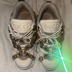 Gucci White Sneakers With Removable Crystal Embellishments. These Are An Eu 36. I Would Recommend For A Size Us Women’s 6. These Are Used But Easily Can Be Cleaned. Box Is Not Included. These Are Selling For Over $500 On Fashionphile. Gucci White Sneakers, Shoes Gucci, Gucci Sneakers, Crystal Embellishment, Gucci Shoes, White Sneakers, Womens Shoes Sneakers, Embellishments, Shoes Sneakers