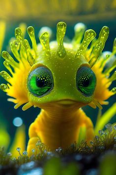 a close up of a small yellow animal with green eyes and large, fuzzy hair