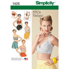 Simplicity Sewing Pattern 1426 Misses' vintage bra tops are a flirty way to pull off a retro look.  Make a faux wrap halter, ruched with cross back, balconette halter or strapless with button back or a bandeau.  Wear alone or under tops when the bra is meant to be seen!  Misses Sizes 4-12 or 14-22 Pattern is new, uncut and never unfolded.  We are smoke free environment. We are a shop run by generations of women, from granddaughters to grandma! Halter Top Pattern, Tops Sewing, Bra Sewing Pattern, Simplicity Patterns Vintage, Vintage Bra, Patron Vintage, Sewing Templates, Bra Sewing, Vintage Fashion 1950s