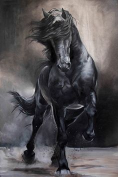 a painting of a black horse running in the water with its front legs spread out