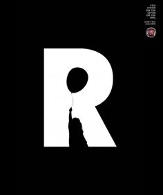 a black and white poster with the letter r in it's center, holding a balloon