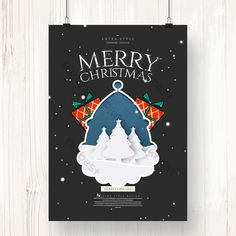 merry christmas poster hanging on the wall with snowflakes and fir trees in the background