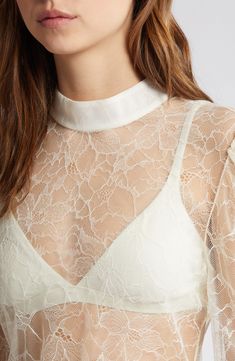 Perfect your next ensemble with this sheer long-sleeve top cut from lovely lace and designed with lightly puffed shoulders and a polished mock neckline. Back keyhole with button-and-loop closure Mock neck Long sleeves Sheer Polyamide/elastane Dry clean Imported White Lace Top With Sheer Sleeves For Parties, Spring White Lace Top With Sheer Sleeves, White Lace Top With Sheer Sleeves For Spring, White Chic Lace Top With Sheer Sleeves, White Sheer Long Sleeve Lace Top, Chic White Lace Top With Sheer Sleeves, Fall Lace Blouse With Sheer Sleeves, Fall Lace Top With Sheer Long Sleeves, Formal Lace Blouse With Sheer Sleeves