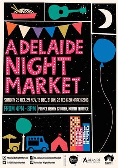 the poster for an adelade night market with balloons, cars and kites