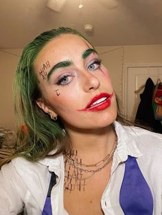 joker makeup/costume for halloween 💗✨💅🏽 Joker Girl Makeup Halloween, Joker White Shirt Costume, Joker Suide Squad Costumes, Joker Girl Costume Halloween, The Joker Women’s Halloween Costume, Joker Costume Female Outfit Diy, Girls Joker Costume, The Joker Girl Costume, Easy Joker Costume