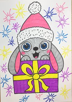 a drawing of a dog with a christmas hat on holding a gift in front of snowflakes