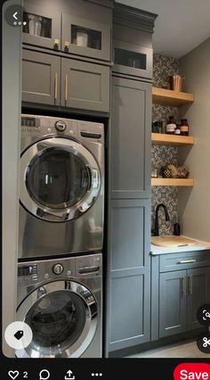 an appliance is displayed in the kitchen with gray cabinets and appliances, including a washer and dryer