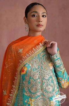 Maryum N Maria The Ocean Flower (QFD-0052) Naqsh Chiffon Formals – Sara Clothes Semi-stitched Long Sleeve Blouse With Sheer Dupatta, Semi-stitched Orange Blouse With Dupatta, Orange Semi-stitched Blouse With Dupatta, Punjabi Suits Designer, Long Kurti Patterns, Chiffon Suits, Pakistani Couture, Kurta Design, Indian Dresses Traditional