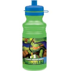 a green water bottle with teenage mutant ninja turtles on it