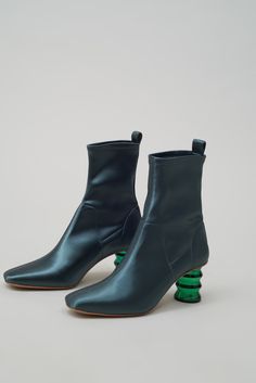 Binx Boot in Stretch Satin - Forest w/Green Heel Green Heels, Stretch Satin, Mid Calf Boots, Zig Zag, Mid Calf, Portugal, Ankle Boot, Forest, Satin