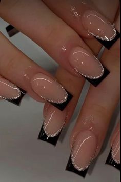 Fancy Black French Tip Nails, Black French Tips With Glitter Outline, Nail Ideas With Black Dress, Ballerina Nails Black French, Black Dress Nails Ideas, Nails For Prom Black Dress, Black French Tip With Glitter, Ballerina Nails French Tip, Silvester Nails