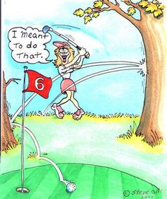 a cartoon drawing of a woman hitting a golf ball with a tee on the course