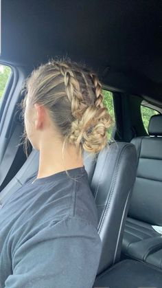 Gymnastics Hairstyles Low Bun, Two Braid Into Bun, Cute Hairstyles For Amusement Parks, Braid Into Bun Hairstyles, Tournament Hairstyles, Field Hockey Hairstyles, Cute Pool Hairstyles, Comp Hairstyles, Riding Hairstyles