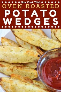 oven roasted potato wedges with ketchup on the side and text overlay