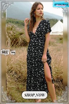 Spring Women Bohemian Ruffled Floral Printed Dress Sexy Boho Style Deep V-neck Long Summer Dress Non-stretch V-neck Maxi Dress With Ruffles, Fitted Black V-neck Beach Dress, Black Floral Print V-neck Summer Dress, Black Floral Print V-neck Dress For Summer, Black V-neck Summer Maxi Dress, Non-stretch V-neck Flirty Dress, Flirty V-neck Maxi Dress For The Beach, Black Maxi Dress With Surplice Neckline For Summer, Black Bohemian Dress With Surplice Neckline