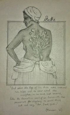 a drawing of a woman with tattoos on her back