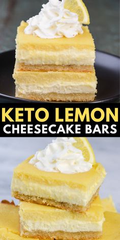 three different types of lemon cheesecake bars stacked on top of each other