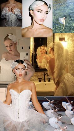 the collage shows several different images of women in white dresses and hair accessories, with one woman wearing an elaborate headpiece