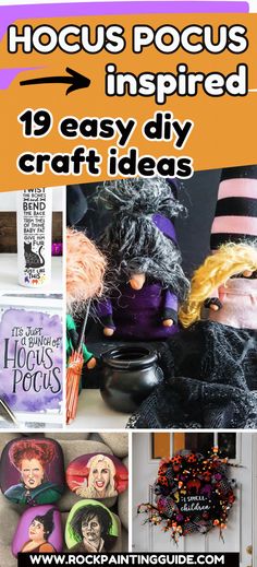 halloween decorations and crafts with text overlay that says hocus pocus inspired 19 easy diy craft ideas