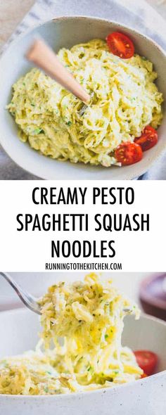 creamy pesto spaghetti noodles in a white bowl