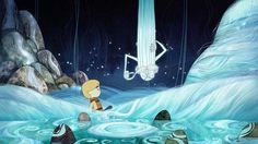 a cartoon character is standing in the water with other characters around him and looking at something