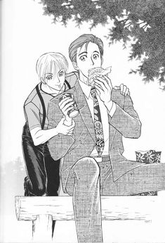 a man and woman are sitting on a bench eating food while drinking from cups in front of them