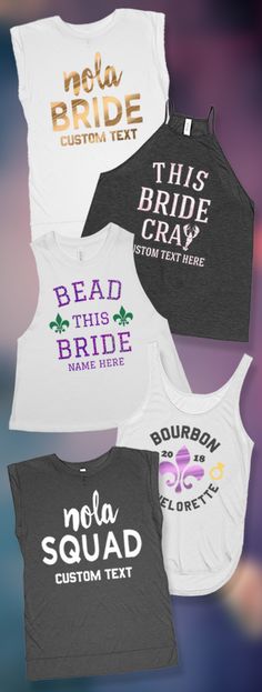 four different styles of crop tops with the words, nola squad and custom text on them