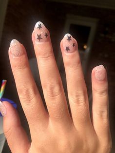 Sparkle Acrylics, Short Almond Shape, Short Almond, Black Stars, Almond Shape, Index Finger, Black Star, Print Tattoos, Paw Print Tattoo