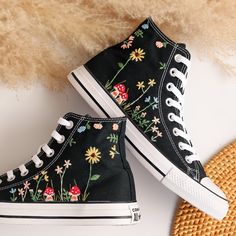 '' Custom Converse Hight Tops Chuck Taylor 1970s Embroidered Mushrooms and Floral '' 🍀 Price includes Converse Shoes and Floral Embroidery Designs as shown 🍀 🍀 Shoe Type: Converse 1970s 🍀 Shoe color: 3. Black_1970s 1. DETAILS 🍀 You can send me your Converse, Vans, canvas shoes or I can buy them for you. Custom-ordered embroidered Vans and Converse shoes, please wait another 2-4 days. Each pair is hand embroidered to order, please make sure you put in the correct shoe size before you check out. The embroidery is meticulous and does not fade. 🍀 You will receive Vans and Converse shoes with floral embroidery designs as above. 2. PERSONAL EXPRESSION 🍀 Create your unique vibe by your own design of embroidery! In addition to the embroidery patterns I post, I am happy to receive embroidery Floral Embroidery Designs, Vans Canvas Shoes, Embroidered Vans, Embroidered Sneakers, Embroidered Converse, Custom Converse, Embroidered Shoes, Womens Tie, Converse High