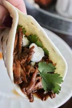 a hand is holding a taco with meat and cilantro on it while sitting on a white plate