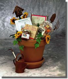 a flower pot filled with lots of assorted items