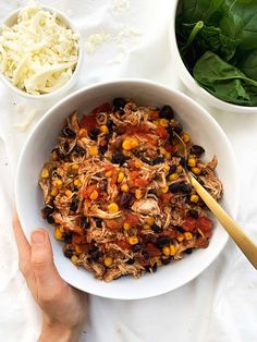 a person holding a spoon in a bowl filled with shredded meat and veggies