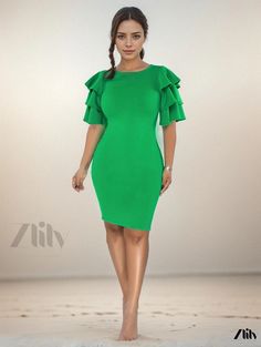 Zlily - Womens Layered Ruffle Sleeve Bodycon Dress with Casual Solid Crew Neck - Premium Quality Fashion Apparel Green Ruffle Bodycon Dress, Green Ruffled Bodycon Dress, Green Ruffled Stretch Mini Dress, Green Fitted Mini Dress With Ruffle Sleeves, Green Stretch Bodycon Dress With Ruffles, Short Sleeve Stretch Bodycon Dress With Ruffles, Stretch Bodycon Dress With Ruffles And Short Sleeves, Ruffle Pattern, Bodycon Dress With Sleeves