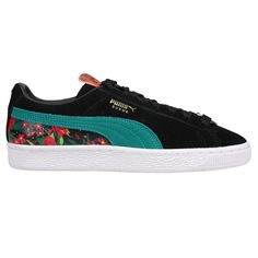 Teal and red pop off a black backdrop in the PUMA x DC POISON IVY Suede. A vivid, character-inspired floral print on the tongue and upper, while her namesake plant’s three leaves are etched into a metal lace lock. Furthering the villainous vibe of this classic style is a full-length illustration of Poison Ivy on the left footbed. But don’t be deceived by all those pretty floral arrangements—this footwear is as fierce as the Super-Villain herself. $69.95 Spring Black Sneakers With Graphic Print, Sporty Floral Print Sneakers For Streetwear, Floral Print Low-top Sneakers For Streetwear, Black Floral Print Sneakers For Spring, Dc Poison Ivy, Black Backdrop, Floral Sneakers, Black Backdrops, Suede Fashion