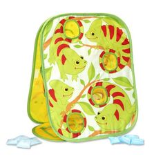 a green and yellow backpack with fish on it