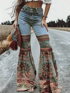 Flared Pants Floral Printed High-Waisted Pockets Jean Pants Bottoms BLUE-XL Look Boho Chic, Denim Shorts Outfit, Diy Vetement, Denim Flare Jeans, Denim On Denim, Boho Style Outfits, Jean Pants, Denim Crafts, Outfit Jeans