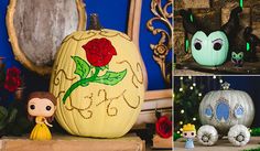 various pumpkins decorated with beauty and the beast characters are shown in three different photos