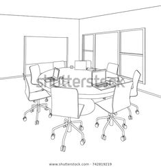 an outline drawing of a meeting room table and chairs with laptops on it in front of