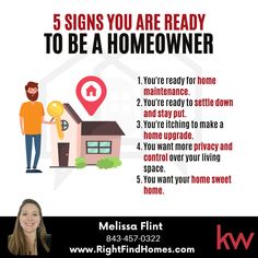 a woman standing next to a house with the words 5 signs you are ready to be a homeowner