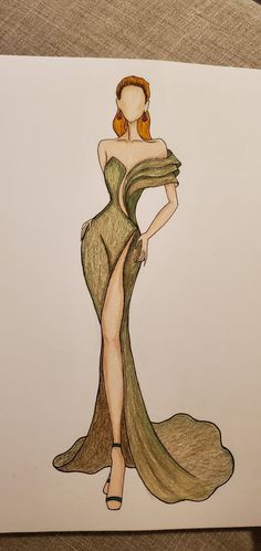 a drawing of a woman in a green dress