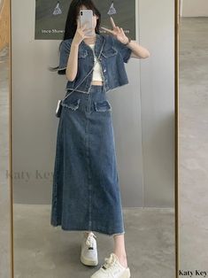 I liked the fabric does not feel poor quality Rok Outfit, Vintage Fringe, High Waisted Denim Skirt, Korean Fashion Outfits, Clothes Korean Style, Denim Suit, Korean Casual Outfits, Easy Trendy Outfits, Spring Outfits Casual