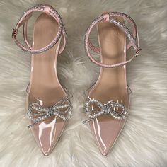 Size 11 Dress Shoe, Light Blush Pink Color, Rhinestone Accents Around The Ankle Strap And On The Transparent Body Of The Shoe. 4 Inch Heel. New Shoe. Orange Strappy Heels, Gray Leather Shoes, Pink Block Heels, Size 12 Heels, Light Blush Pink, Studded Shoes, Blush Pink Color, Dressy Sandals, Gorgeous Heels