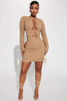 Macchiato Mini Dress - Mocha | Fashion Nova, Dresses | Fashion Nova Lace Up Front Dress, Summer Club Outfits Night Black Women, Blue Mini Dress Long Sleeve, Cobalt Blue Mini Dress, Club Outfit Night, Summer Club Outfits, Hot Summer Outfits, Neat Casual Outfits, Mini Dress Long Sleeve